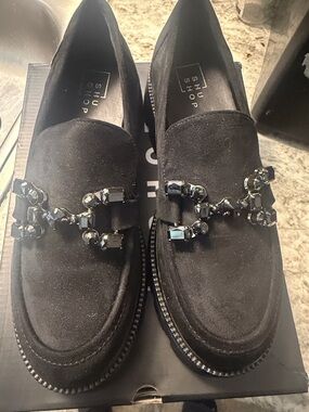 ShuShop Black Suede Jeweled Loafers